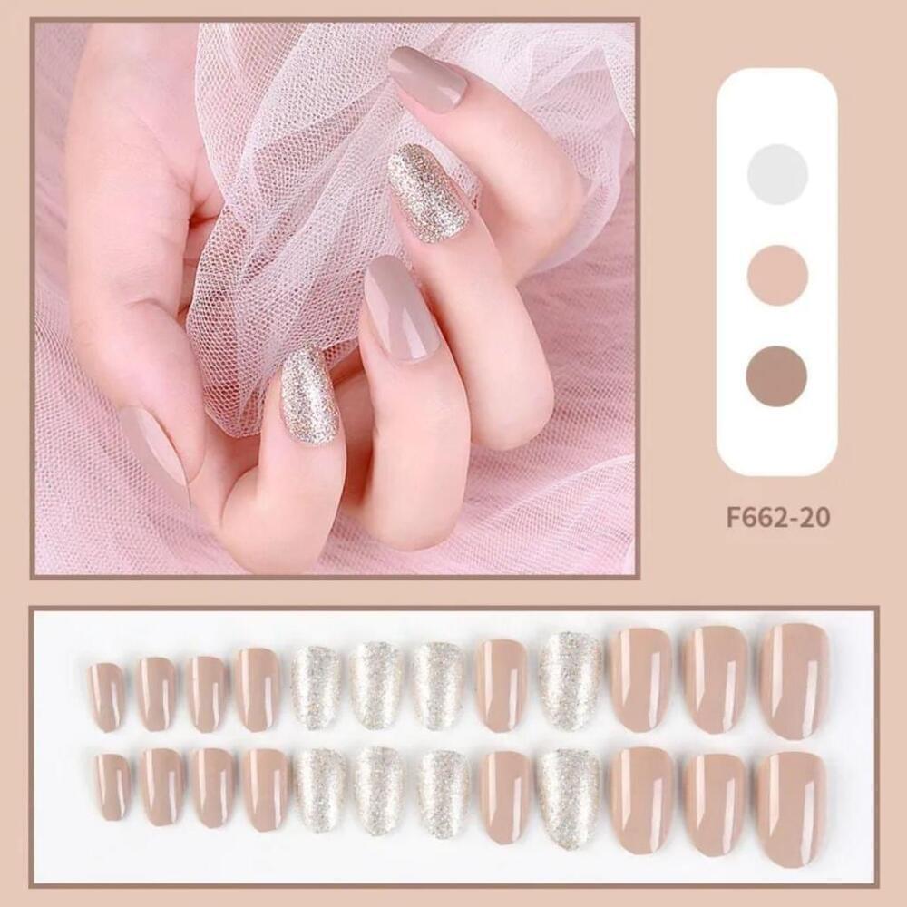 Dark Nude/Brown And Silver White Press On Nail Set of 24